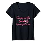 Damen CAMPING UND WEIN LÄSST MICH GLÜCKLICH SEIN, I LOVE CAMPING T-Shirt mit V