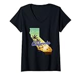 Damen Palmen bei Sonnenuntergang am Strand in Kalifornien Staatskarte T-Shirt mit V