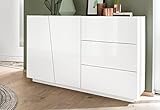 Dmora Modernes Sideboard mit 2 Türen und 3 Schubladen, Made in Italy, Küchen-Sideboard, Wohnzimmer-Design-Buffet, 141x43h86 cm, glänzend weiße Farb