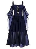 Damen Schulterfreies Kleid Solid Gothic Criss Cross Spitze Einsatz Schmetterling Ärmel Kleider Weihnachten Halloween Party Rock, A-Marineblau, XXX-Larg