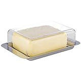 Amazon Brand – Umi Edelstahl Butterdose mit transparenter Frischhaltehaube (Innenmaße: 12cm x 8,5cm), für Standard 250g Butter, passt in Jede Kühlschranktür, Made in Germany