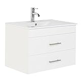 Badezimmermöbel Waschtisch 75cm mit Unterschrank in matt weiß ● 2 Softclose Schubkästen ● Keramik-Waschbecken, Edelstahl Griffe ● Made in Germany