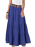 ZANZEA Damen Retro Maxirock Einfarbiges Lose Lang Rock mit Elastische Taille Casual Sommerrock Lang Swing Rock 03-blau M