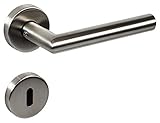 Türbeschlag Edelstahl Drückergarnitur Zimmertür Türgriff auf Rund-Rosette - L-FORM | BB - Buntbart | Edelstahl matt gebürstet | Türklinke für Türstärke 35 – 47 mm | 1 Garnitur mit Befestigung