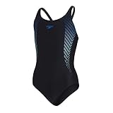 Speedo Plastisol Placement Muscleback Mädchen Badeanzug, Schwarz/Blue Flame/Light Adriatic, 11-12 J