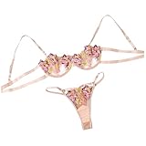JenK Cing Damen Dessous Set Sexy Sheer Mesh Hollow Out Reizwäsche Erotische Spitze Strapse Lingerie Set 2-Teil BH + String Tanga Unterwäsche Strumpfband Verführerisches Erotik Blumenstickerei D