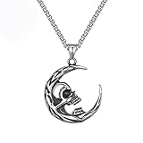 FLQWLL Retro Halbmond Schädel Edelstahl Anhänger Herren Halskette Mit 60 cm Kette, Gothic Totenkopf Anhänger Jungen Schmuck Geschenk