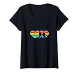 Damen LGBTQ Regenbogen-Flagge Herzen und niedliches Paar Kuss für Lesben T-Shirt mit V