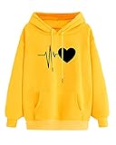 Damen Hoodie Sweatshirt Herbst Winter Pullover Tops Langarm Shirt Hoodie Mode Love Print Pullover mit Tunnelzug Kordel und Taschen Langarm Hoodie,L,Gelb