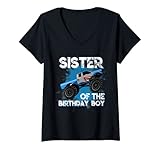 Damen Sister Of The Birthday Boy Monster Truck Geburtstagsfeier T-Shirt mit V