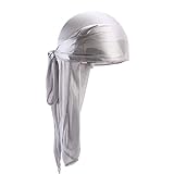 Durag Extra Langschwanz Headwraps Silky Satin Piratenkappe Bandana Hut für 360 Wellen Turban Hut Seidige Biker Kopfbedeckung Satin dehnbar, silbergrau, O