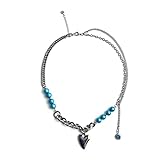 nvbmcxern Punk Barock Blau Reflektierende Perlenkette für Frauen Blaues Herz Anhänger Chokers Halskette Hochzeit Modeschmuck Blaue Perle Chokerhalsk