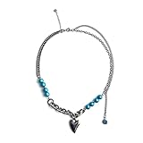 nvbmcxern Punk Barock Blau Reflektierende Perlenkette für Frauen Blaues Herz Anhänger Chokers Halskette Hochzeit Modeschmuck Blaue Perle Chokerhalsk