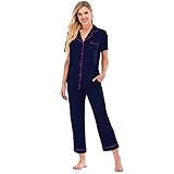 Damen Capri Pyjama Set V Ausschnitt T Shirt Kurzarm Top und Hose mit Tasche Damen Stehkragen Nachtwäsche Nachtwäsche 2 TLG Weich Loungewear Pjs Set Blau XXL