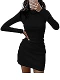 iSayhong Damen Casual Langarm Bodycon Kleid gerippt Rundhalsausschnitt Slim Fit Kurz Club Party Mini T-Shirt Kleider, Schwarz , M