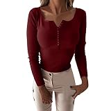 Daodan Damen Stricken Langarmshirt Button Down Pullover Slim Fit Basic Tops Sexy Oberteile Einfarbig Bluse Tunika Tops Elegant Hemd V-Ausschnitt Crop Top