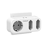 Doppelstecker für Steckdose, TESSAN USB Steckdose mit 2 USB Anschluss, 5 in 1 Steckdosenadapter Mehrfachsteckdose 3 Fach mit USB Ladegerät, Steckdosenverteiler Dreifachstecker für Phone, Weiß