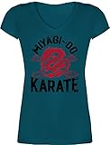 Nerd Geschenke - Miyagi-Do Karate mit Drache rot/schwarz - XS - Türkis - 32 - XO1525 - Damen T-Shirt mit V