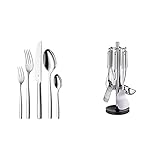 WMF Palma Edelstahl Besteck Set 6 Personen, Essbesteck Set 30 teilig, Monobloc-Messer & Profi Plus Küchenhelfer Set 7-teilig, Ständer mit 6 Helfern, Schöpflöffel, Schaumlöffel, Wokw