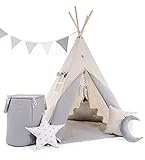RAINBOW KIDS - Tipi Zelt für Kinder | Neu Tippi Kinderzelt, mit Decke, 4 Kissen , Wimpelkette, Spielzeugkorb für Outdoor- und Indoor-Kinderspaß, Handgefertigt Grauer Wolf mit Zubehö