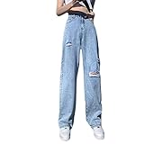 FUNPLUS Damen Jeans Hautfreundliche High-Waist Dünne Lose Hose mit geradem Bein Denim-Hose Zerrissene Denim-Hose mit weitem B