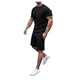 cinnamou Herren Trainingsanzug Set,Kurzarm Herren Short-Jogginganzug Set Einfarbig Sommer Muskelshirt Freizeit Kurze Sets Sporthose+T-shirt mit Taschen Fitness Gym Running O