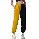 HAPYWER Jogginghose Damen Baumwolle Lang Freizeithosen High Waist Lässige Loose Sweathose mit Taschen Trainingshose Übergröße Sporthose Zweifarbig Sommerhose Casual Mode S-XXL（Gelb，M）