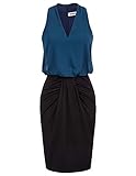 JASAMBAC Damen Colorblock V Ausschnitt Business Kleid Geraffte Bodycon Bleistift Arbeit Kleider - Blau - X-Groß