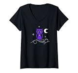 Damen Eule auf einem Ast mit Mond und Sternen Fun für Nachteulen T-Shirt mit V