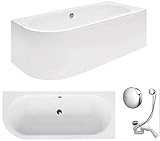 VBChome Badewanne 160x75 cm Acryl SET Schürze Siphon Wanne Ecke Eckbadewanne Weiß Design Modern Ablaufgarnitur in Chrom Viega Simplex für 2