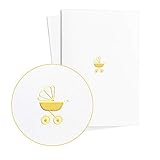 Edle Glückwunschkarte zur Geburt mit Kinderwagen in Goldprägung auf Strukturiertem Papier|Grußkarte Baby Neutral Junge oder Mädchen|Baby Shower, E37