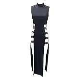 Zukmuk Party Kleider Damen Abendkleider Sommer Sexy Maxikleid Diamond Process Ärmelloses Mock Neck Hollow Out Split Long One Piece Bodycon Clubwear (Schwarz, L)