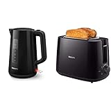 Philips HD9318/20 Wasserkocher Serie 3000, 1,7l, Federdeckel, LED-Anzeige, schwarz & HD2581/90 Toaster, integrierter Brötchenaufsatz, 8 Bräunungsstufen, schw