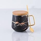 Yoner Kaffeetasse mit Bambus Deckel Untersetzer 2in1 und Goldener Metalllöffel Marmordesign Retro Tasse Porzellantasse ca. 380ml XL