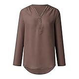 Damen Langarm Tops V-Ausschnitt T-Shirts Arbeit Casual Tops Tunika Shirts Fashion Top Zip Halbe Knopfleiste Chiffon Blusen Lose Tops (L,Dunkelbraun)
