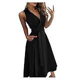 KIMODO Sommerkleid V-Ausschnitt Freizeitkleider Cocktailkleid Damen Elegant Lange Kleider Rüschen Partykleid Maxikleider Strandkleid Blusenkleid mit Bowknot Ärmeln (D-Schwarz, L)