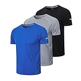 HUAKANG 3er Pack Stück T-Shirt Herren Laufshirt Kurzarm Atmungsaktiv Schnelltrocknendes T Shirt Sport T-Shirts Herren für Running Jogging Gym(Black Grey Blue-L)
