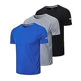 HUAKANG 3er Pack Stück T-Shirt Herren Laufshirt Kurzarm Atmungsaktiv Schnelltrocknendes T Shirt Sport T-Shirts Herren für Running Jogging Gym(Black Grey Blue-L)