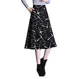 JFISQ Damen Winter Wollrock High Waist Slim Big Swing Faltenrock Mode Drucken A-Linien-Rock Frauen Frühling Herbst Elegante Knielange Röcke Für Alltag,Schwarz,XXL