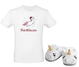 Alsino Unisex Weihnachten Nikolaus Xmas Kostüm Christmas T-Shirt Weiß Einhorn Frohe Weihnachten mit Hausschuhe Pantoffeln, Größe L, Schuhgröße 36/37