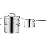 WMF Mini Dampfgarer mit Metalldeckel, klein, 16 cm, 1,5 l, Induktion, stapelbar, ideal für kleine Portionen oder Singlehaushalte & Mini Stielkasserolle 10 cm ohne Deckel, Kochtopf klein 0,5