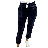 AFFGEQA Damen Warme Fleecehose Fitness Sport Winterhose mit Taschen Freizeithose Stoffhose Straight Bein Haremshose T