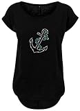 BlingelingShirts Damen Fun Shirt Kleiner Anker zweifarbig kristall und hellblau Anchor Shirt maritim Hafen Seefahrt, schwarz, Gr. 2XL E