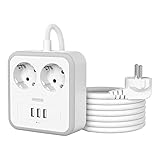 Steckdosenleiste, NTONPOWER 3m Steckdosenadapter 2 Fach mit 3 USB-Anschlüsse, Mehrfachsteckdose Wandmontage Kinderschutz, Langes Verlängerungskabel für Reisen zu Hause- Weiß