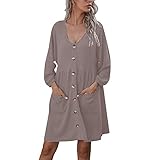 Damen Herbst Basic Kleid Mode V-Ausschnitt Geknöpft mit Taschen Kleider Lose Langarm Knit Solid Kleid, khaki, M