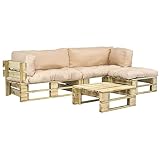Susany Garten-Palettensofa-Set 4-TLG. mit Sandfarbigen Kissen Grünholz Lounge Palettensofa | 2 x 2-Sitzer Sofa,1 x Hocker und 1 x C