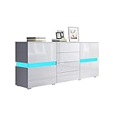 Senvoziii Sideboard Kommode in Hochglanz Weiß Highboard Anrichte Standschrank mit 2 Türen 4 Schubladen und LED Beleuchtung 177