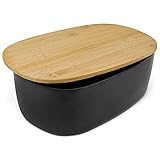 Brotkasten Schwarz für die Küche, Gärkörbchen für Brot im Retro Look - Inklusive Bambus Brot Bread Box Schneidebrett Deck