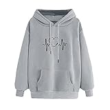 Damen Kapuzenpullover Fleece Herz Druck Hoodie Lässige Warme Sweatshirt Herbst Winter Langarmshirt Langarm Lose Oberteil Mit Kapuze Langarm Sport Outerwear Slim Fit Pulli(Grau,S)