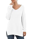 GRECERELLE Damen Pullover Sweatshirt Damen Casual Klassisch Einfarbig Pullover Knit V Ausschnitt Langarm Jumper Tops Bluse T-Shirt für Winter Herbst Frühling, 02 Weiß, XL